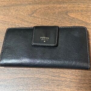 Fossil Black Leather Clutch Wallet Teal Interior Snap Closure Logo Coin Zip